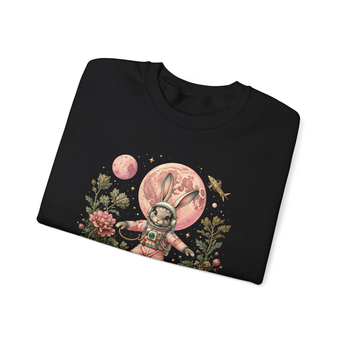 Bunny Astronaut Sweatshirt Pink Moon Space Rabbit Flowers Rocket Crewneck