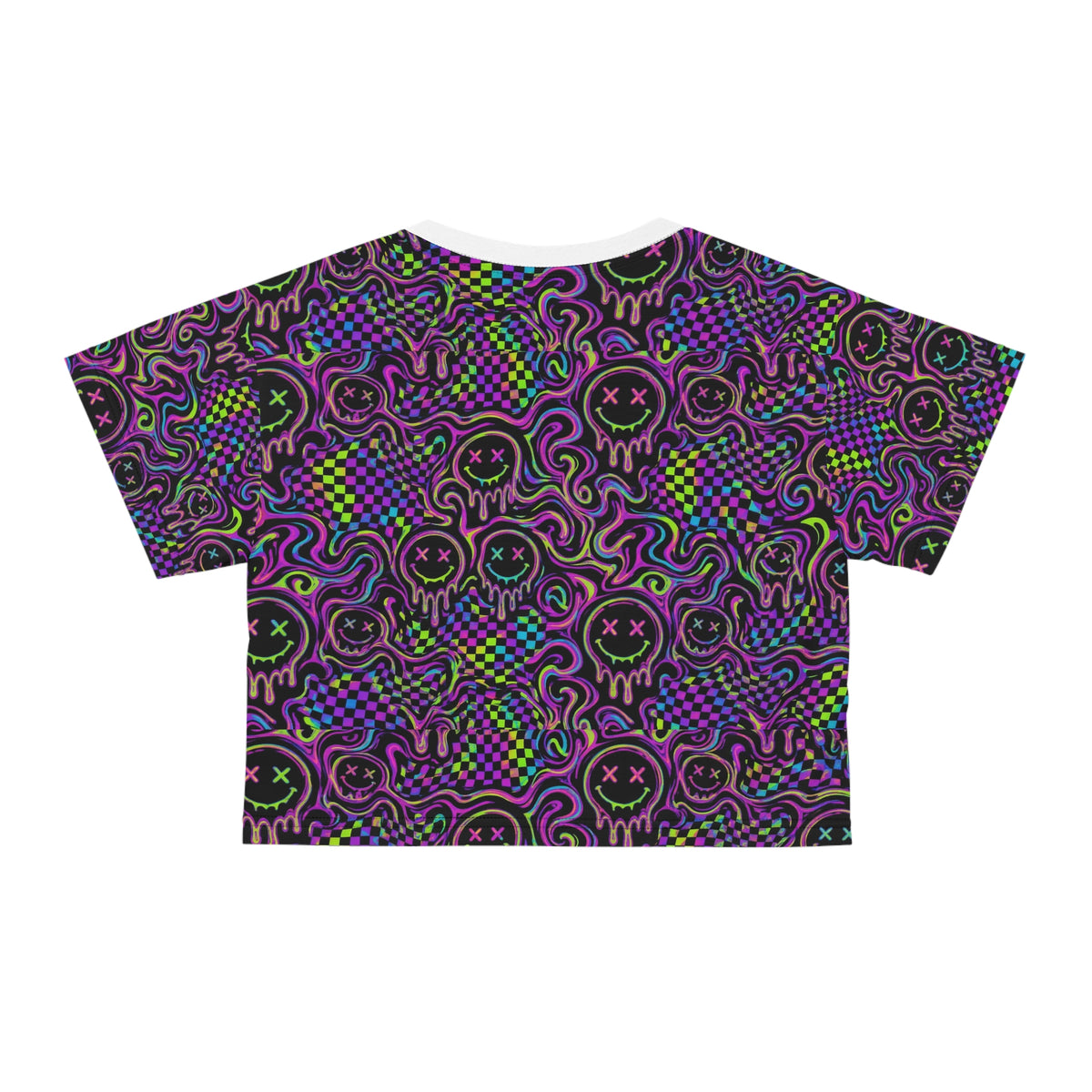 Neon Acid Smiley Rave Crop Top Women Trippy Checkerboard EDM Festival Outfit