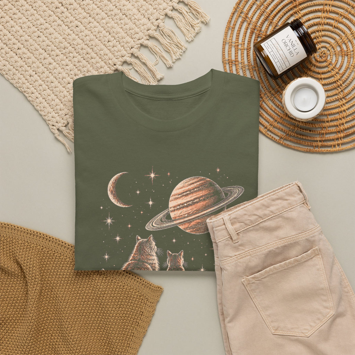 Celestial Space Cats T-Shirt Vintage Woodcut Cats Watching Stars Moon Saturn Tee