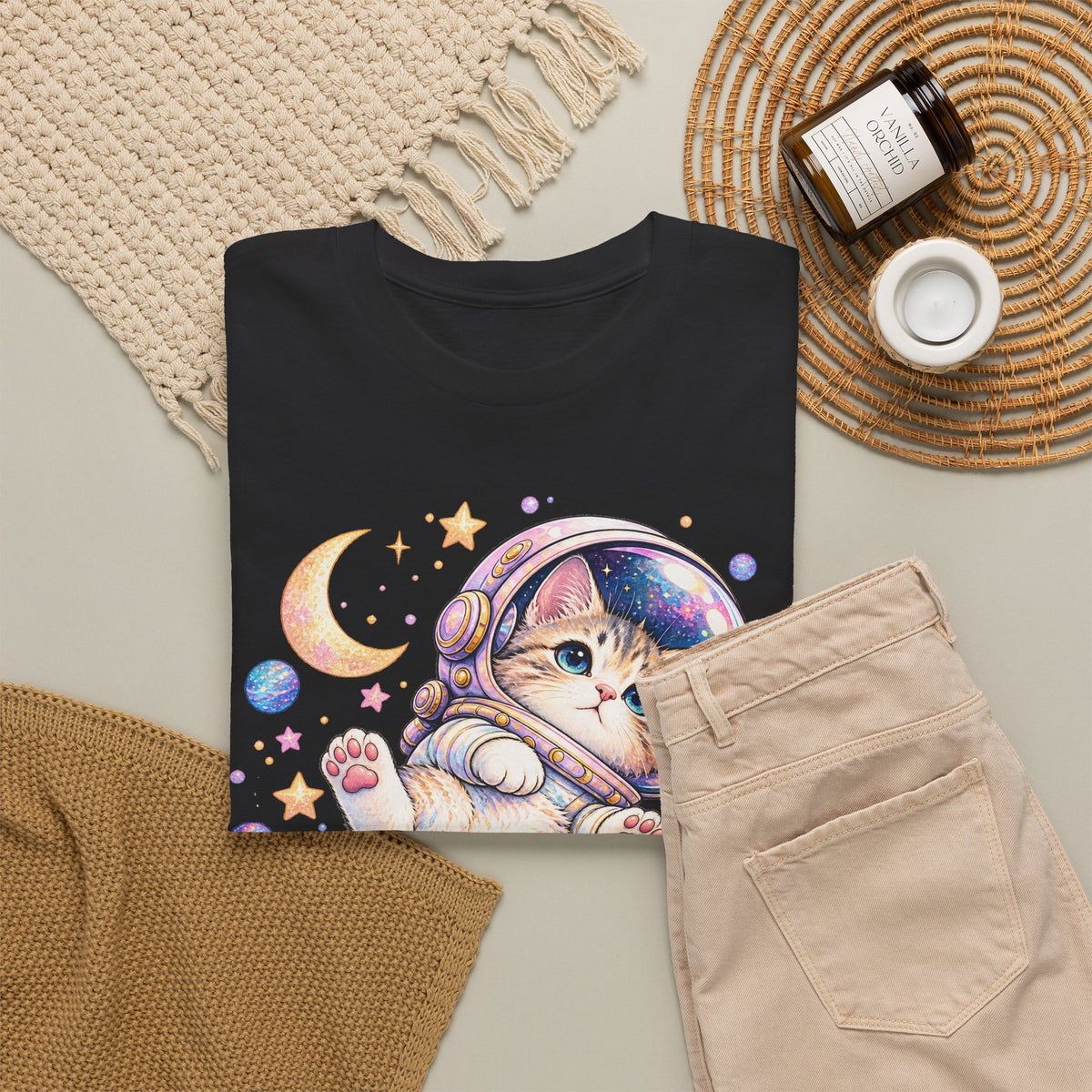 Astronaut Kitten T-Shirt, Cute Pastel Space Cat Helmet Moon Planets Stars Graphic Tee Unisex