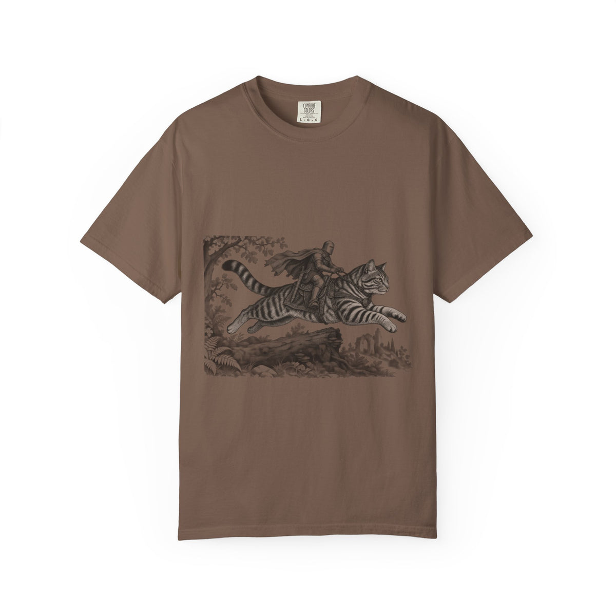 Medieval Knight Riding Leaping Tabby Cat Tee Dark Fantasy Moonlit Cat Shirt