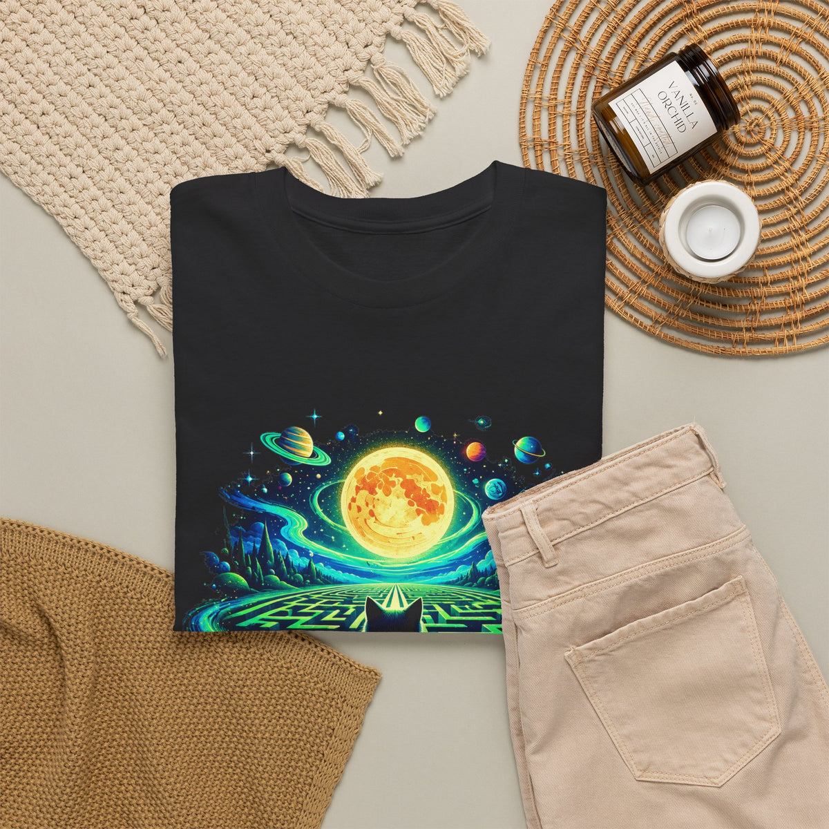 Black Cat Neon Maze T-Shirt Gold Moon Planets Celestial Cat Art
