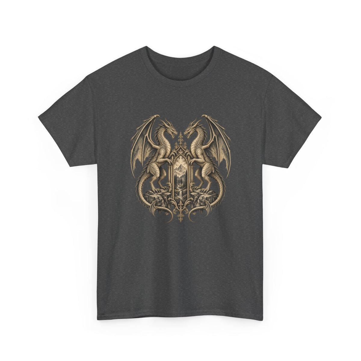 Twin Dragons Gate T-Shirt Fantasy Mountain Portal Dragon Tee