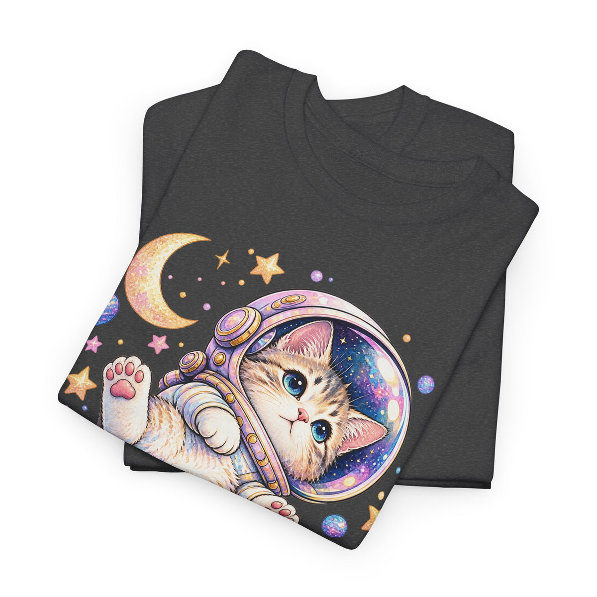Astronaut Kitten T-Shirt, Cute Pastel Space Cat Helmet Moon Planets Stars Graphic Tee Unisex