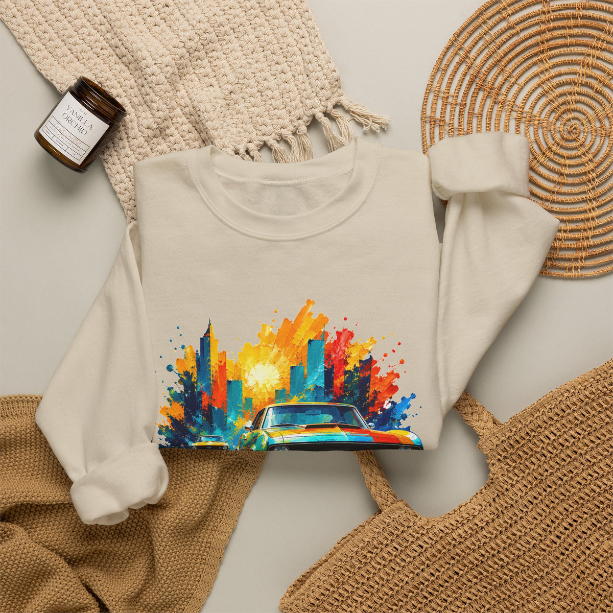 Paint Splash Muscle Car Crewneck Sweatshirt Colorful City Sunset Classic Car Art