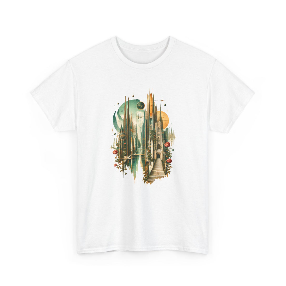 Art Deco Emerald City T-Shirt Gold Fantasy Skyline Roses Stairway Art