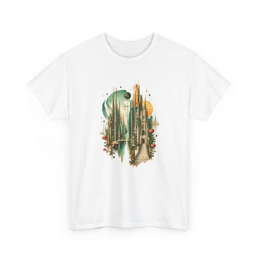 Art Deco Emerald City T-Shirt Gold Fantasy Skyline Roses Stairway Art