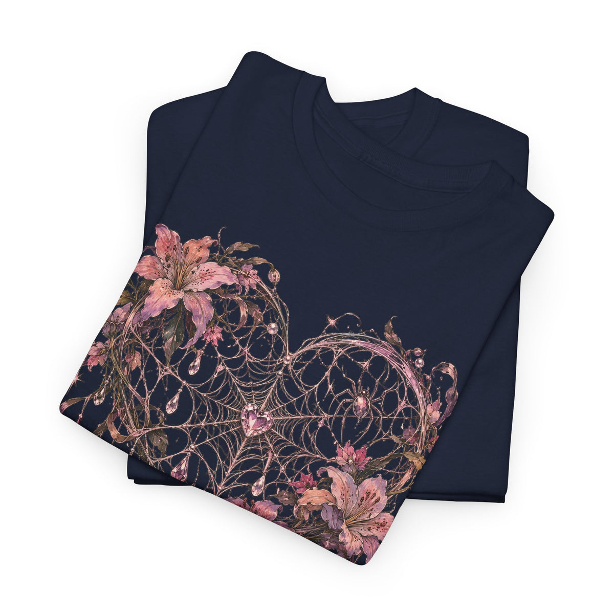 Gothic Spiderweb Heart T-Shirt Pink Lilies Crystal Pastel Goth Graphic Tee