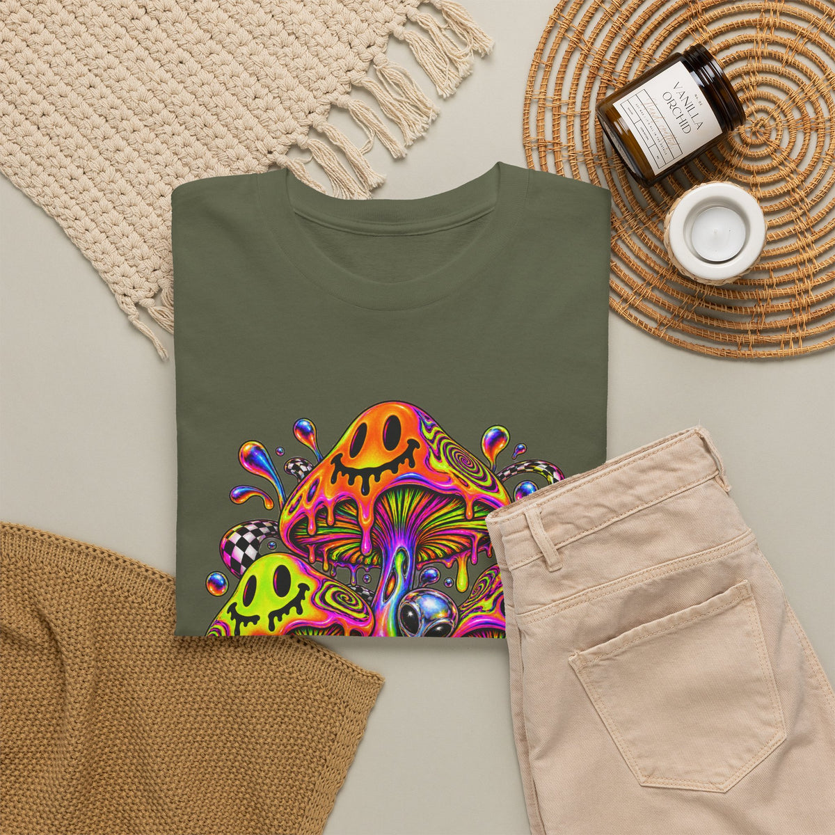 Neon Smiley Mushrooms T-Shirt Acid Alien Trippy Psychedelic Tee