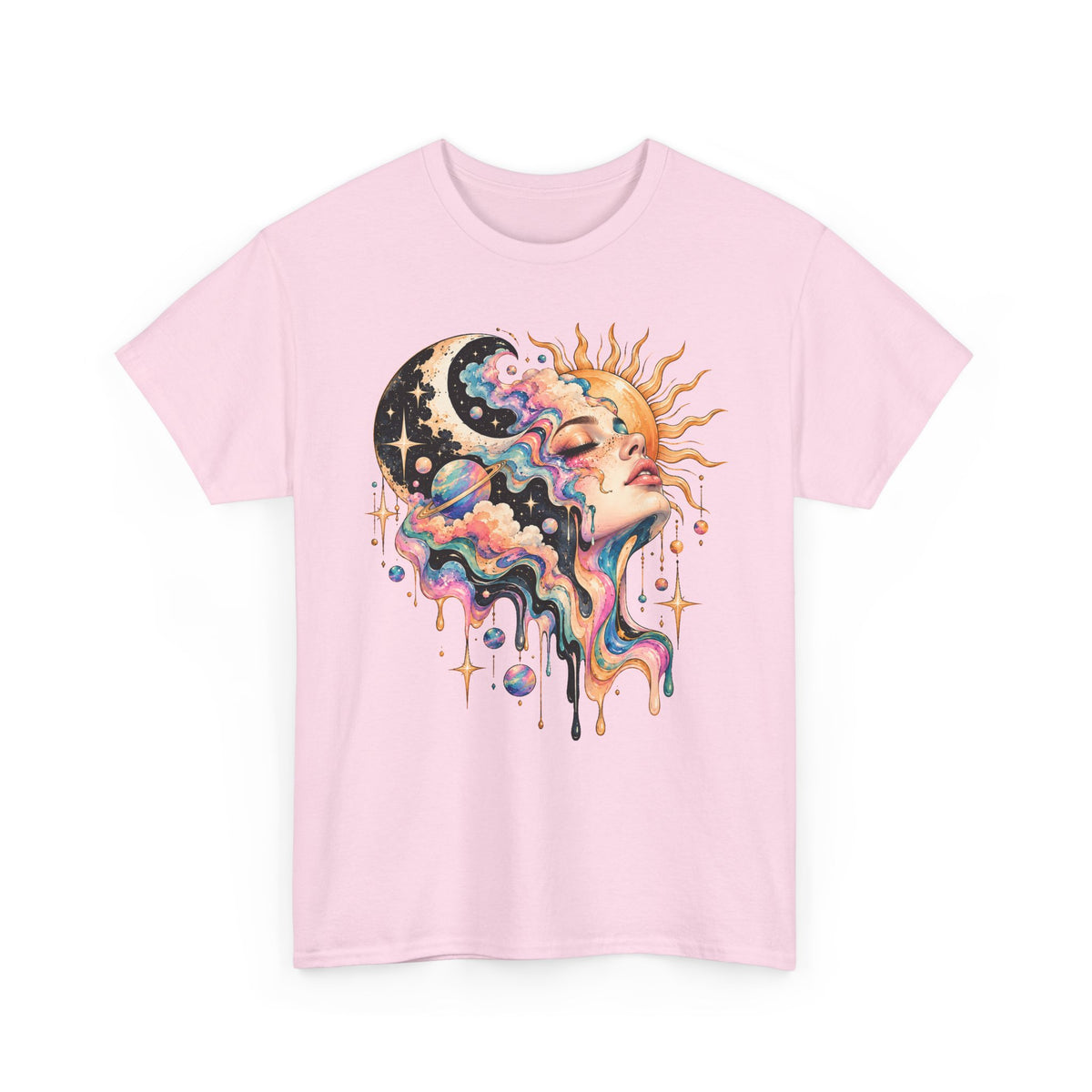 Celestial Sun and Moon Woman T-Shirt, Pastel Cloud Hair Melting Drip Planets Stars Graphic Tee Unisex