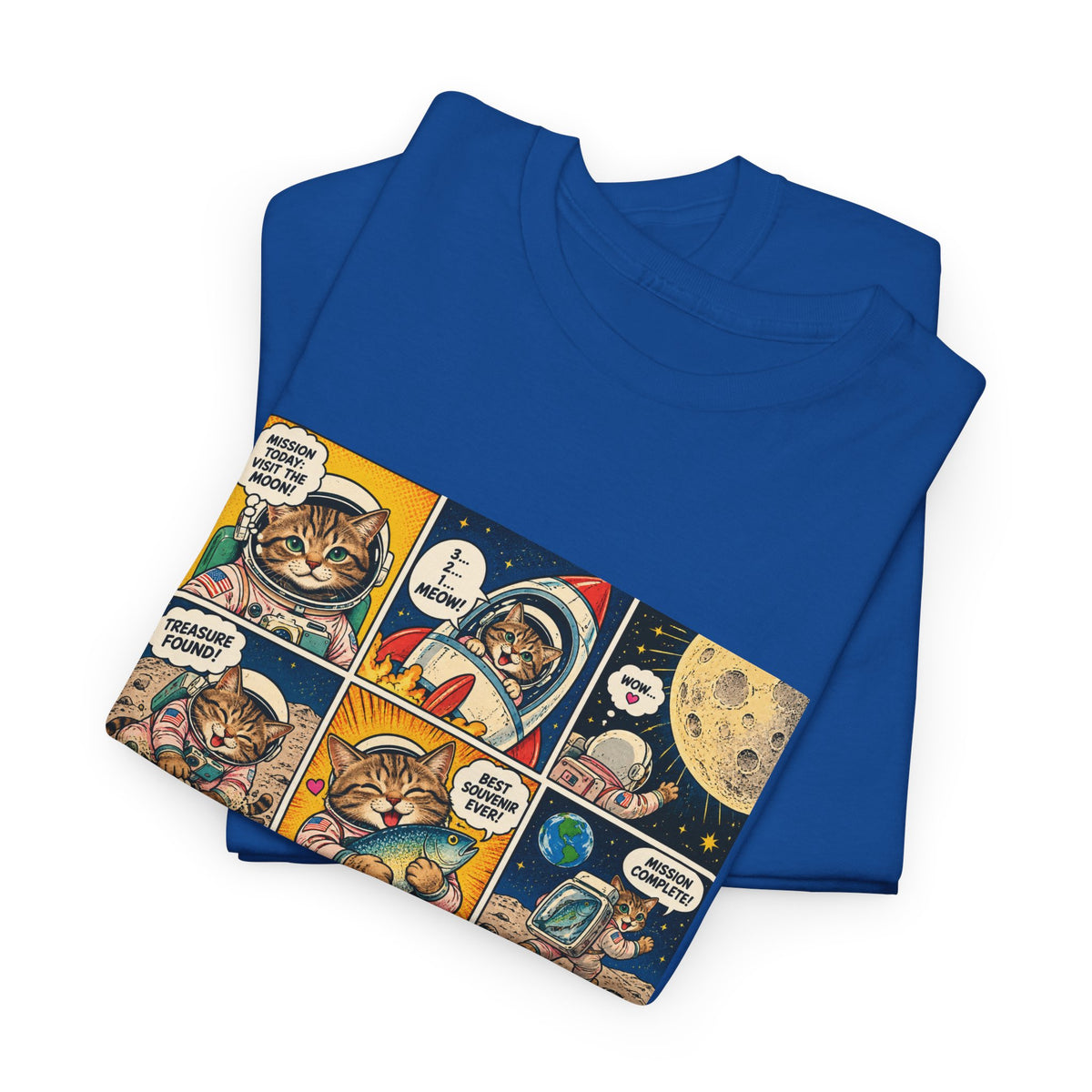 Astronaut Cat Comic T-Shirt, Space Cat Moon Mission Fish Funny Comic Strip Graphic Tee Unisex