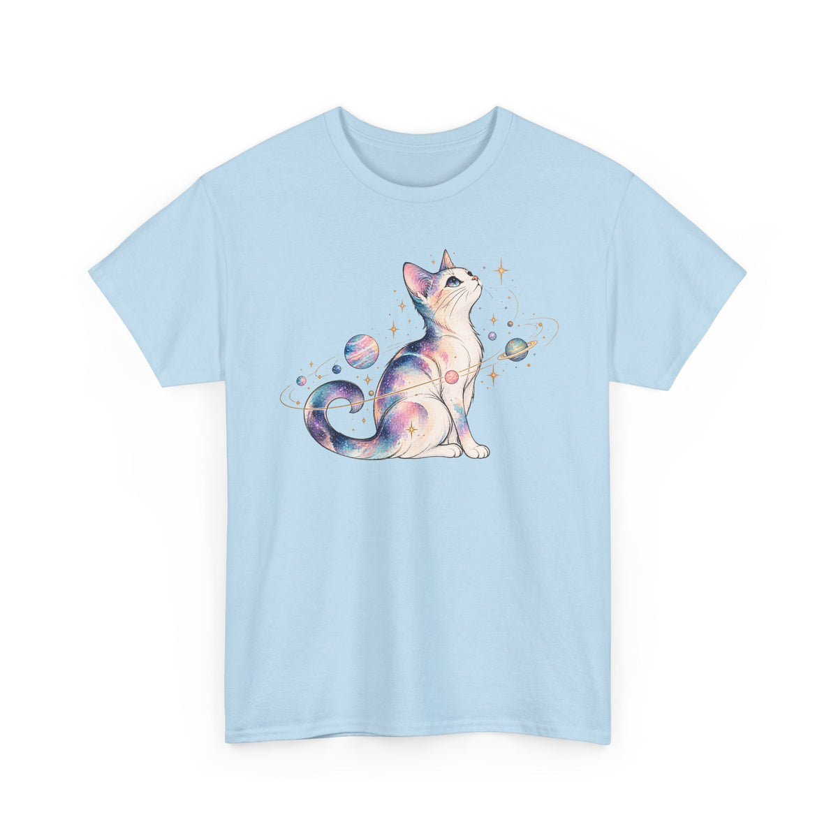 Cosmic Galaxy Cat T-Shirt, Pastel Watercolor Cat Planets Gold Stars Celestial Graphic Tee Unisex