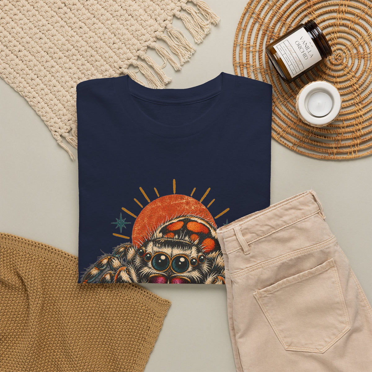 Jumping Spider Sunburst T-Shirt Cute Arachnid Orange Moon Tee