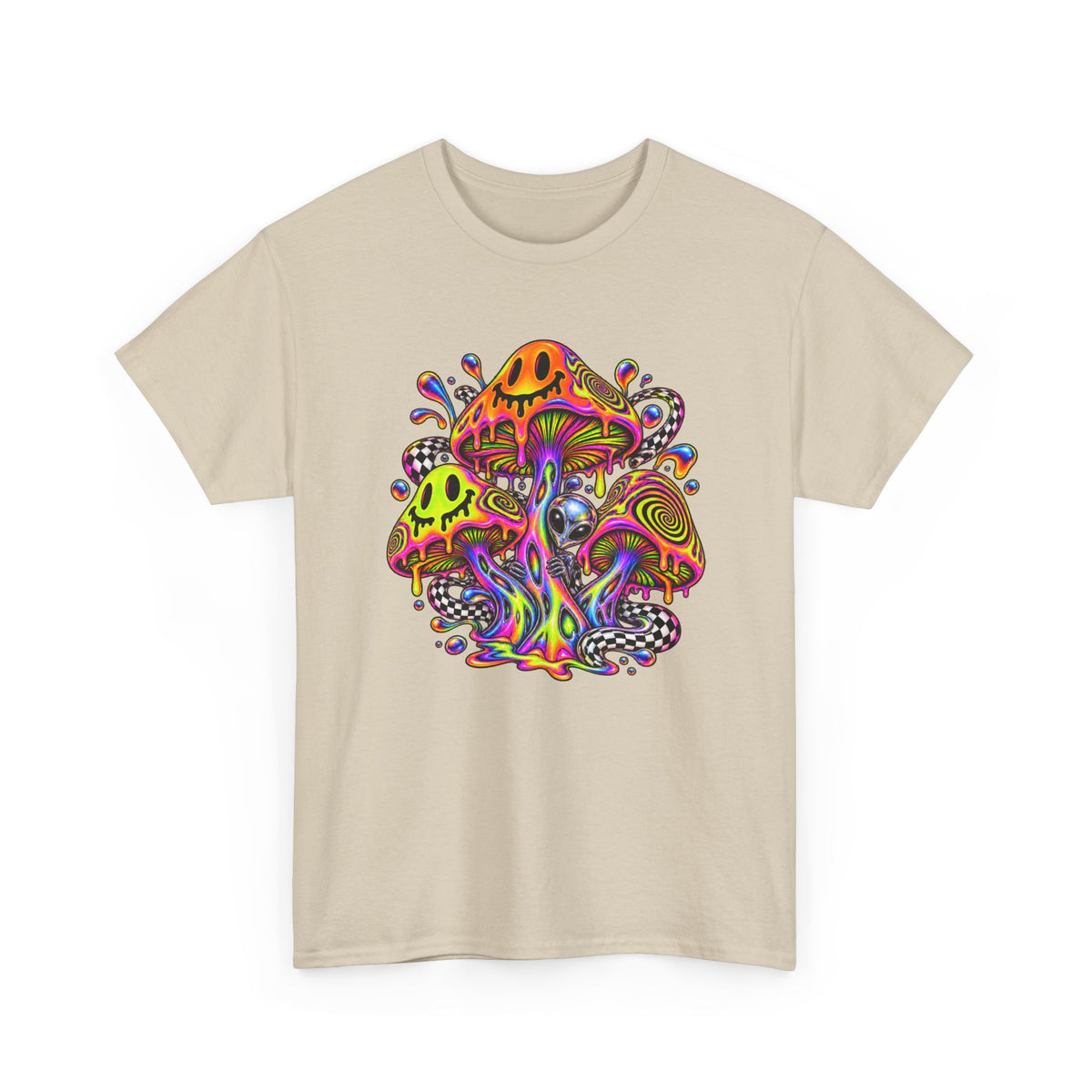 Neon Smiley Mushrooms T-Shirt Acid Alien Trippy Psychedelic Tee