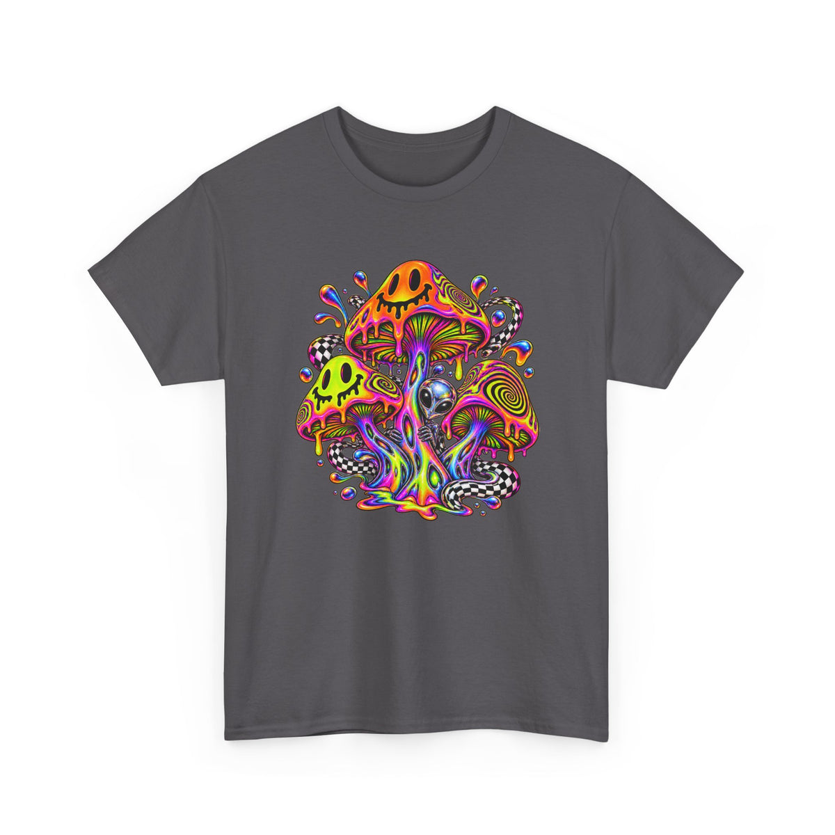 Neon Smiley Mushrooms T-Shirt Acid Alien Trippy Psychedelic Tee