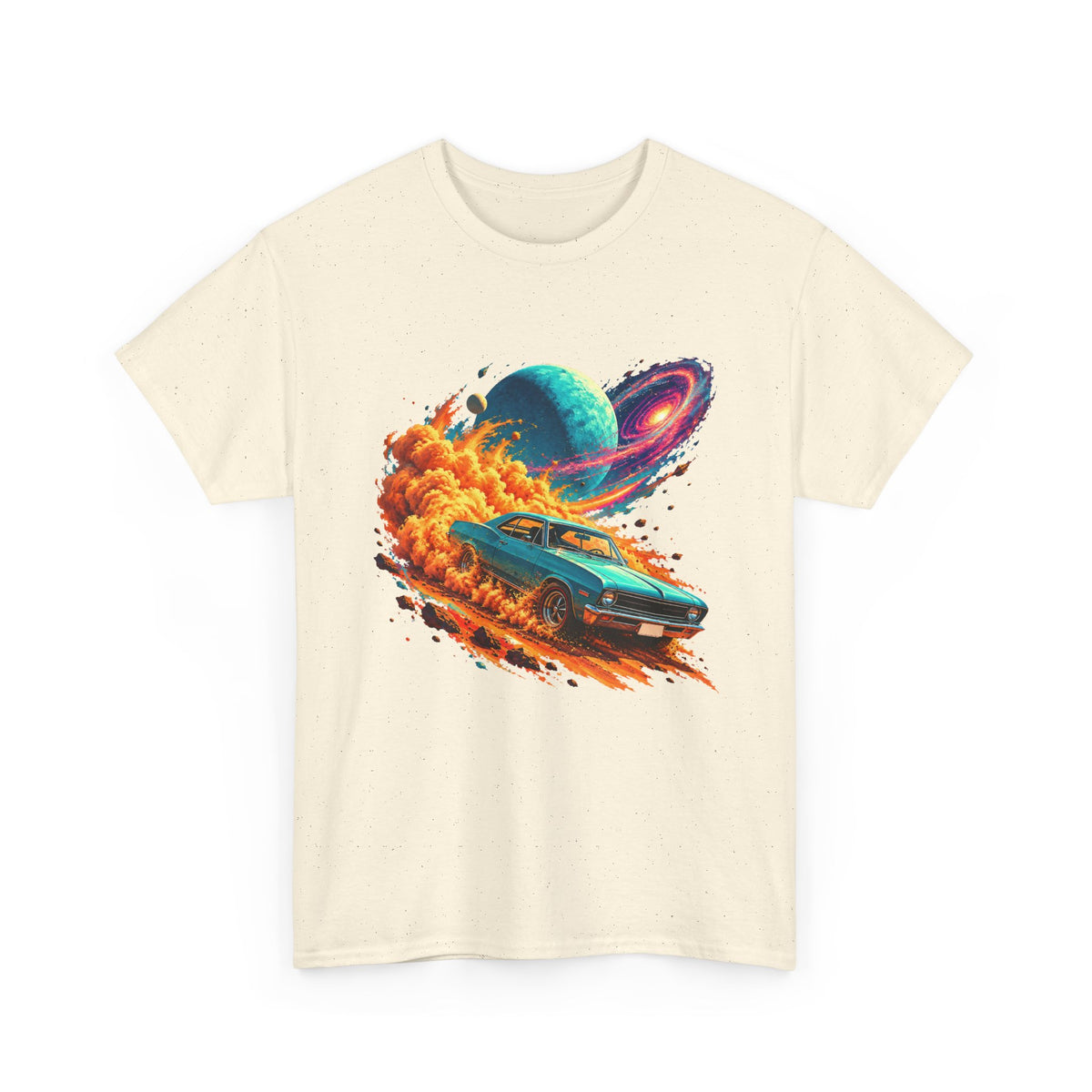 Cosmic Muscle Car Drift T-Shirt Teal Classic Car Orange Dust Planet Galaxy Art
