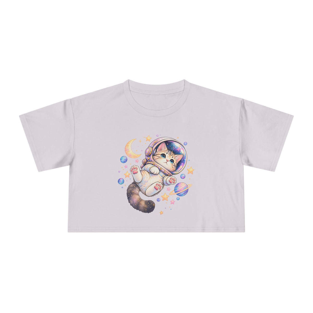 Astronaut Kitten Crop Tee, Cute Pastel Space Cat Helmet Moon Planets Stars Kawaii Women's Cropped T-Shirt