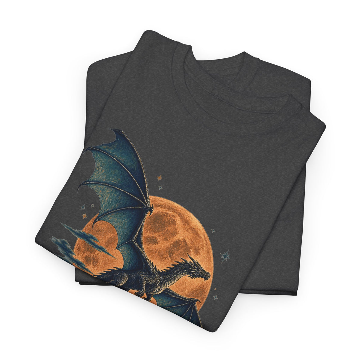 Dragon Full Moon Pine Forest T-Shirt Woodcut Fantasy Dragon Orange Moon Mountains Tee