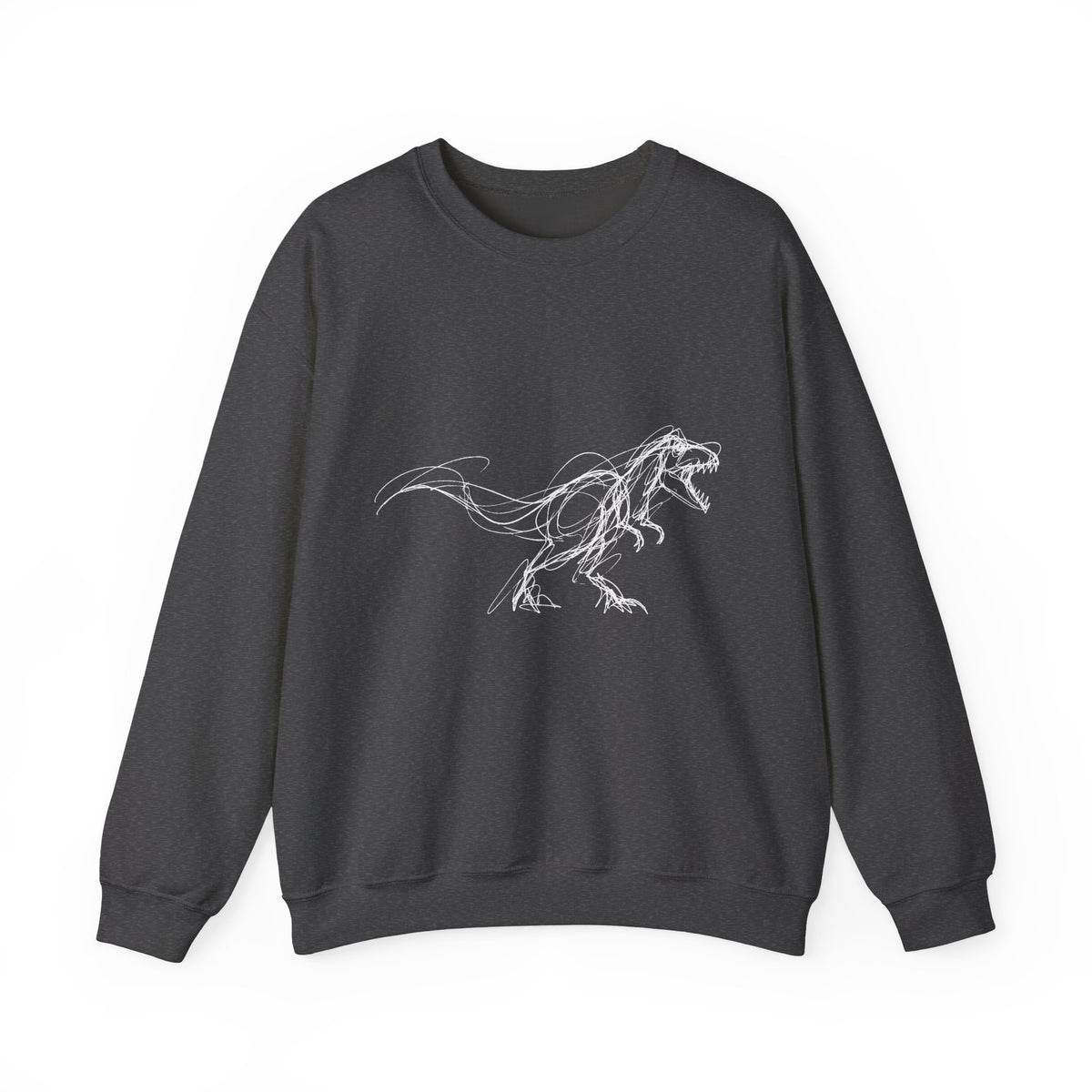 Sketchy White T-Rex on Black Sweatshirt Loose Ink Dinosaur Line Art