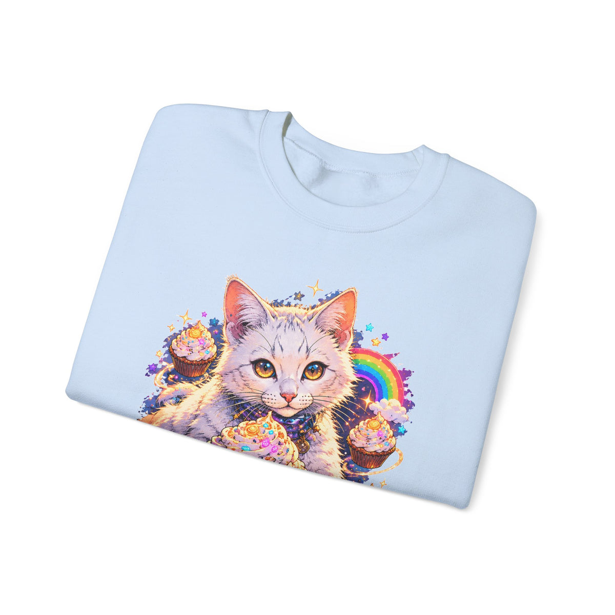 Birthday Cat Cupcake Crewneck Sweatshirt Cute White Kitten Rainbow Sprinkles Party Art