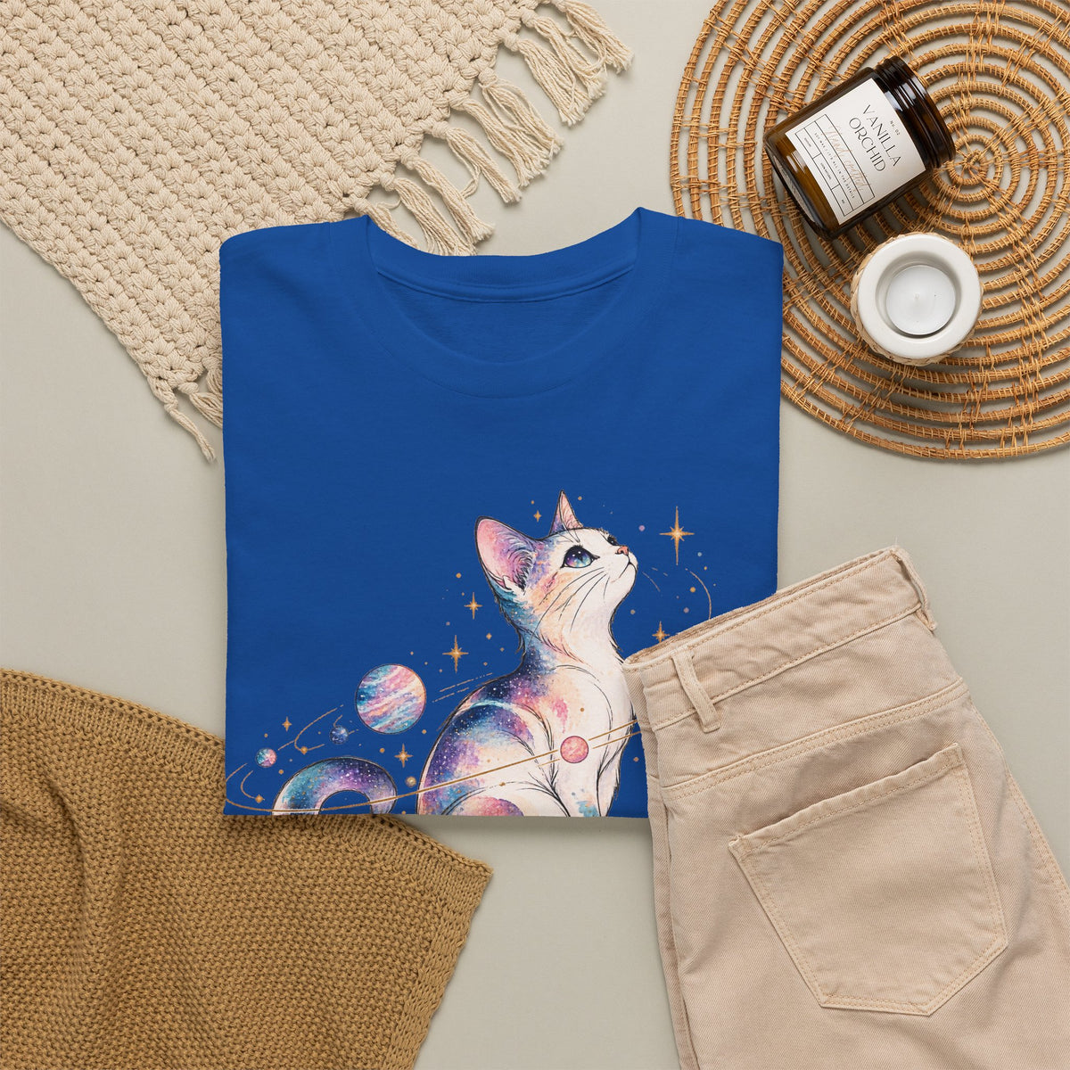 Cosmic Galaxy Cat T-Shirt, Pastel Watercolor Cat Planets Gold Stars Celestial Graphic Tee Unisex