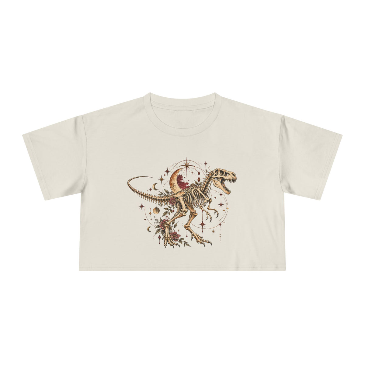 Celestial T-Rex Skeleton Crop Tee, Dark Academia Moon Stars Floral Dinosaur Women's Cropped T-Shirt