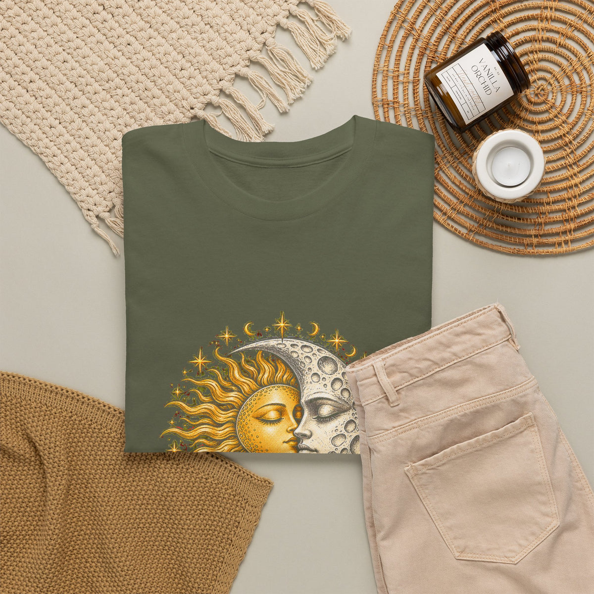 Celestial Sun and Moon Kiss T-Shirt Gold Silver Stars Romance Woodcut Tee