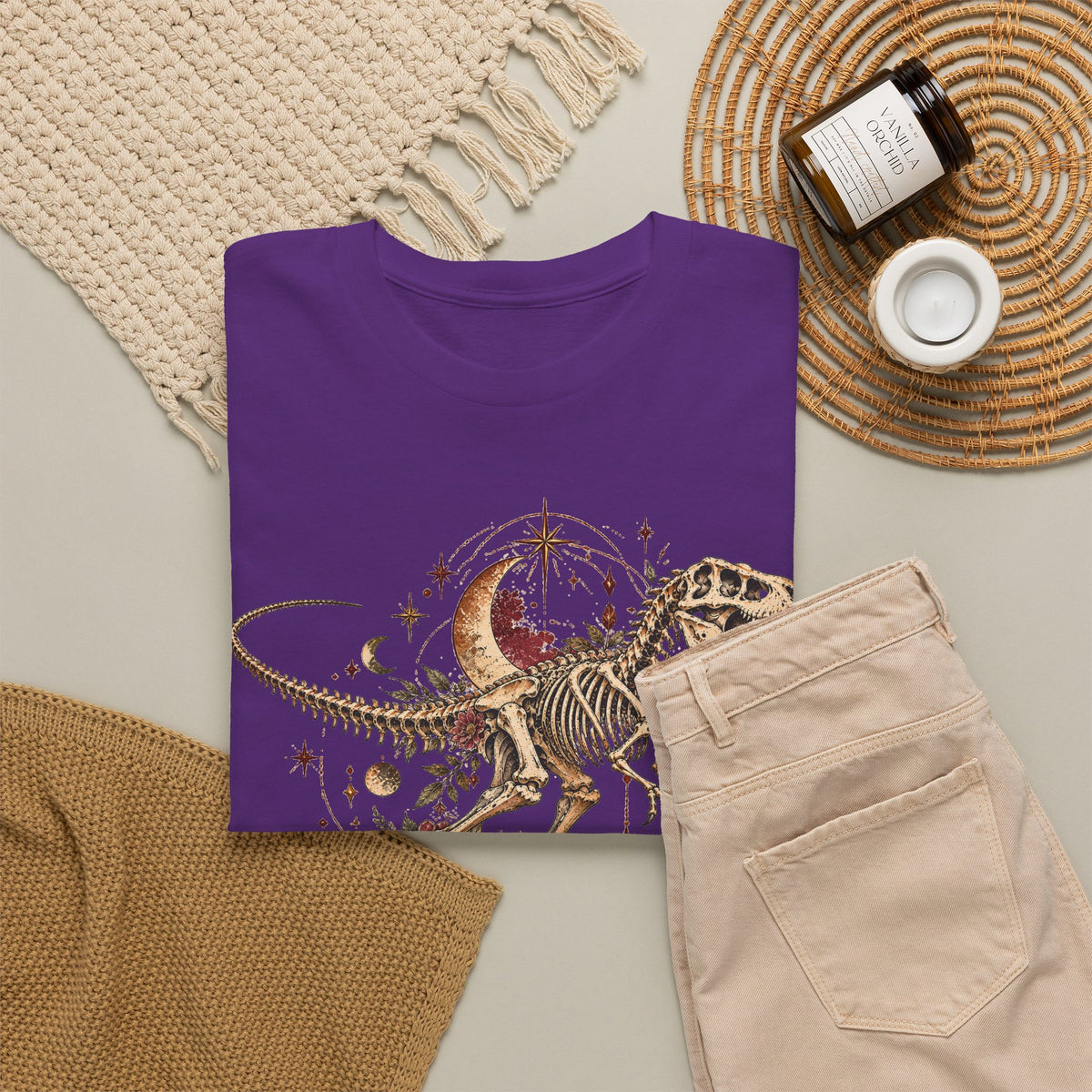 Celestial T-Rex Skeleton T-Shirt, Dinosaur Fossil Moon Stars Graphic Tee Unisex Dark Academia Shirt
