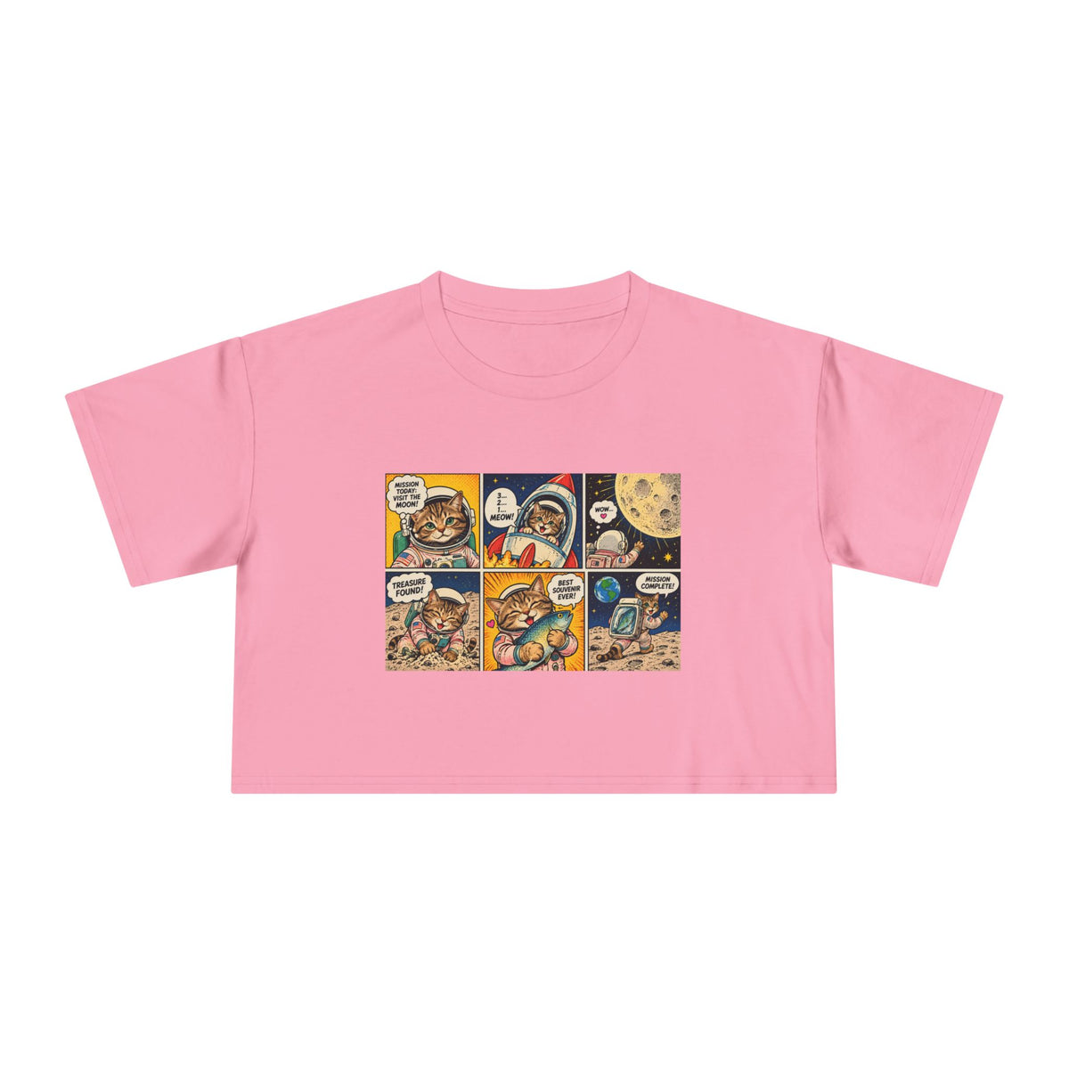 Astronaut Cat Comic Crop Tee, Space Cat Moon Mission Fish Funny Comic Strip Women's Cropped T-Shirt