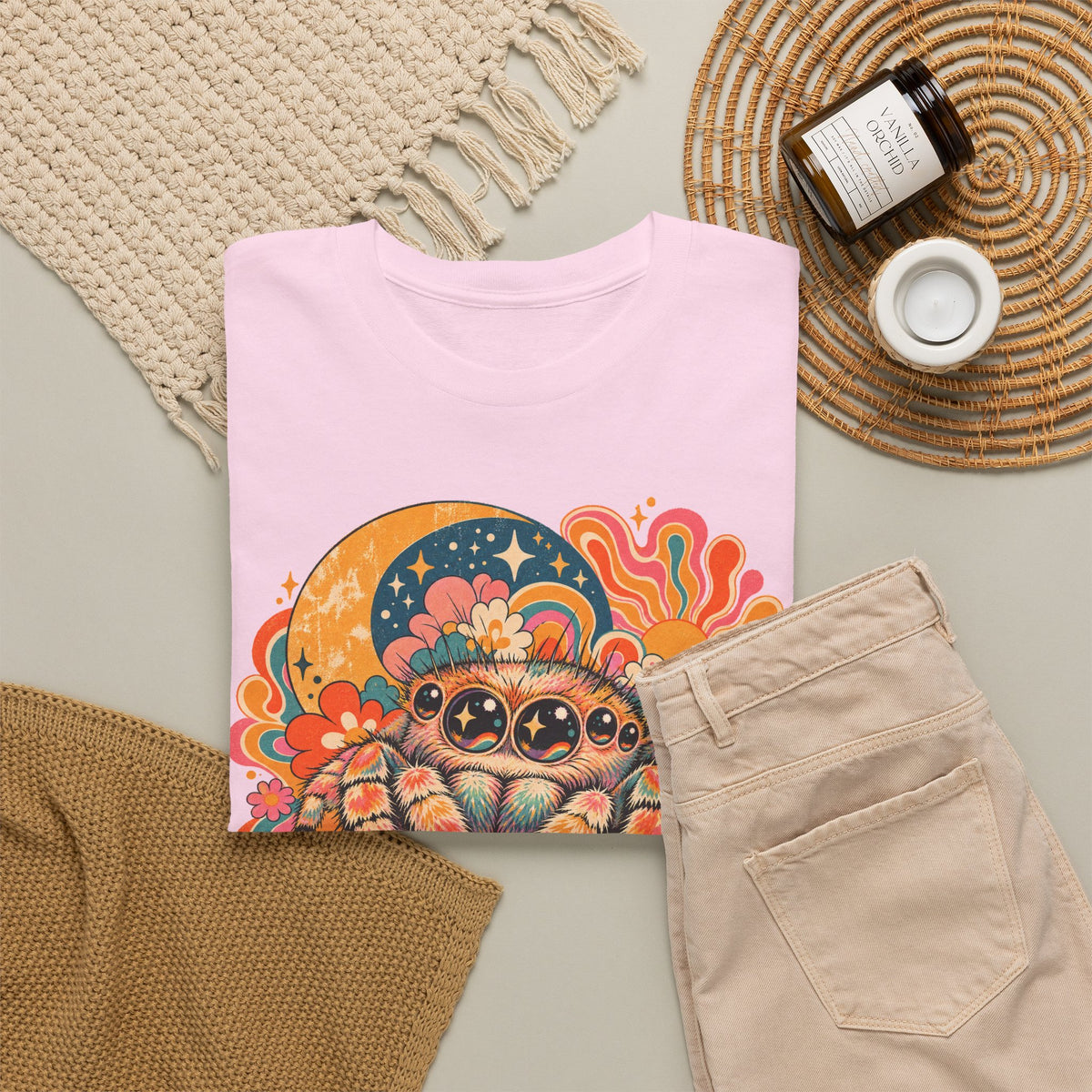 Groovy Jumping Spider T-Shirt Retro 70s Flowers Creepy Cute Tee