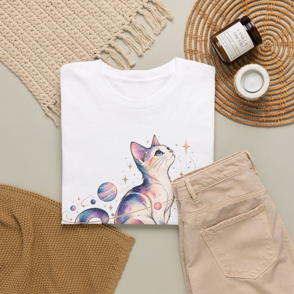 Cosmic Galaxy Cat T-Shirt, Pastel Watercolor Cat Planets Gold Stars Celestial Graphic Tee Unisex