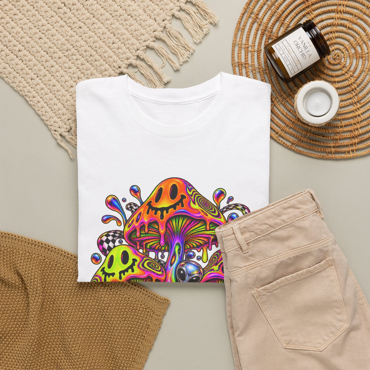 Neon Smiley Mushrooms T-Shirt Acid Alien Trippy Psychedelic Tee