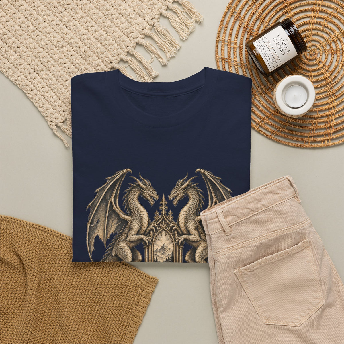 Twin Dragons Gate T-Shirt Fantasy Mountain Portal Dragon Tee