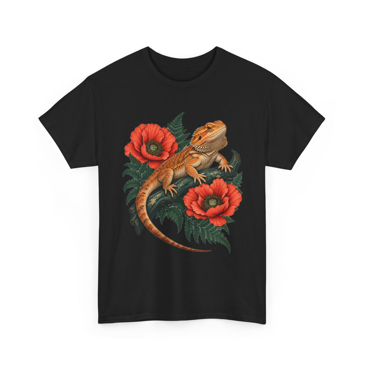 Bearded Dragon Red Poppies T-Shirt Botanical Lizard Floral Tee