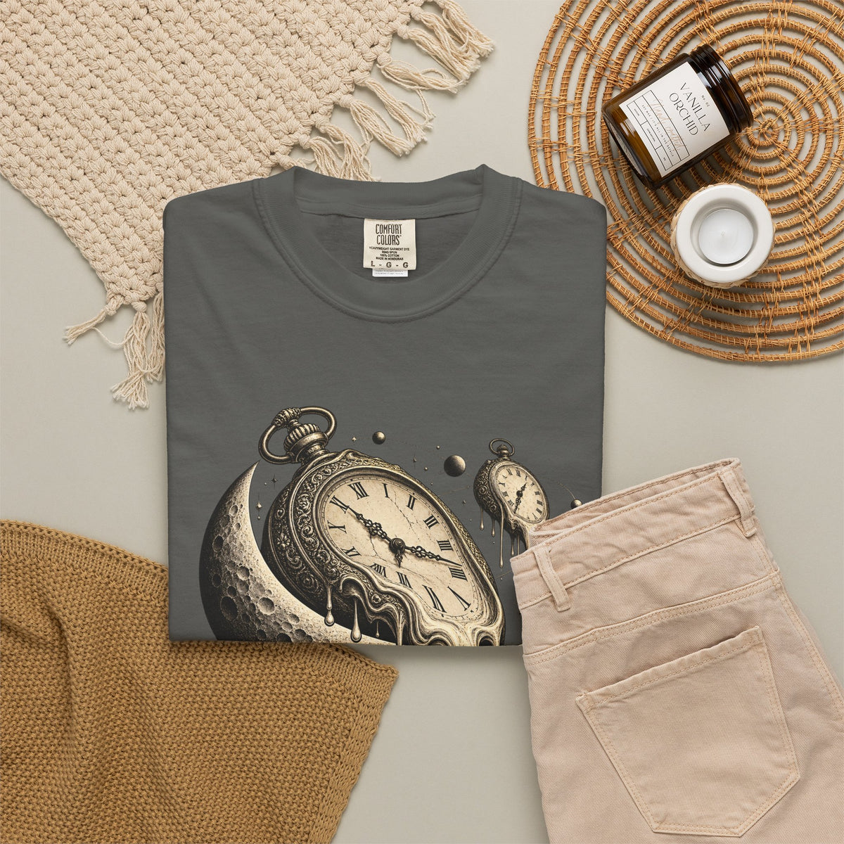 Melting Pocket Watch Crescent Moon Tee Surreal Celestial Time Shirt