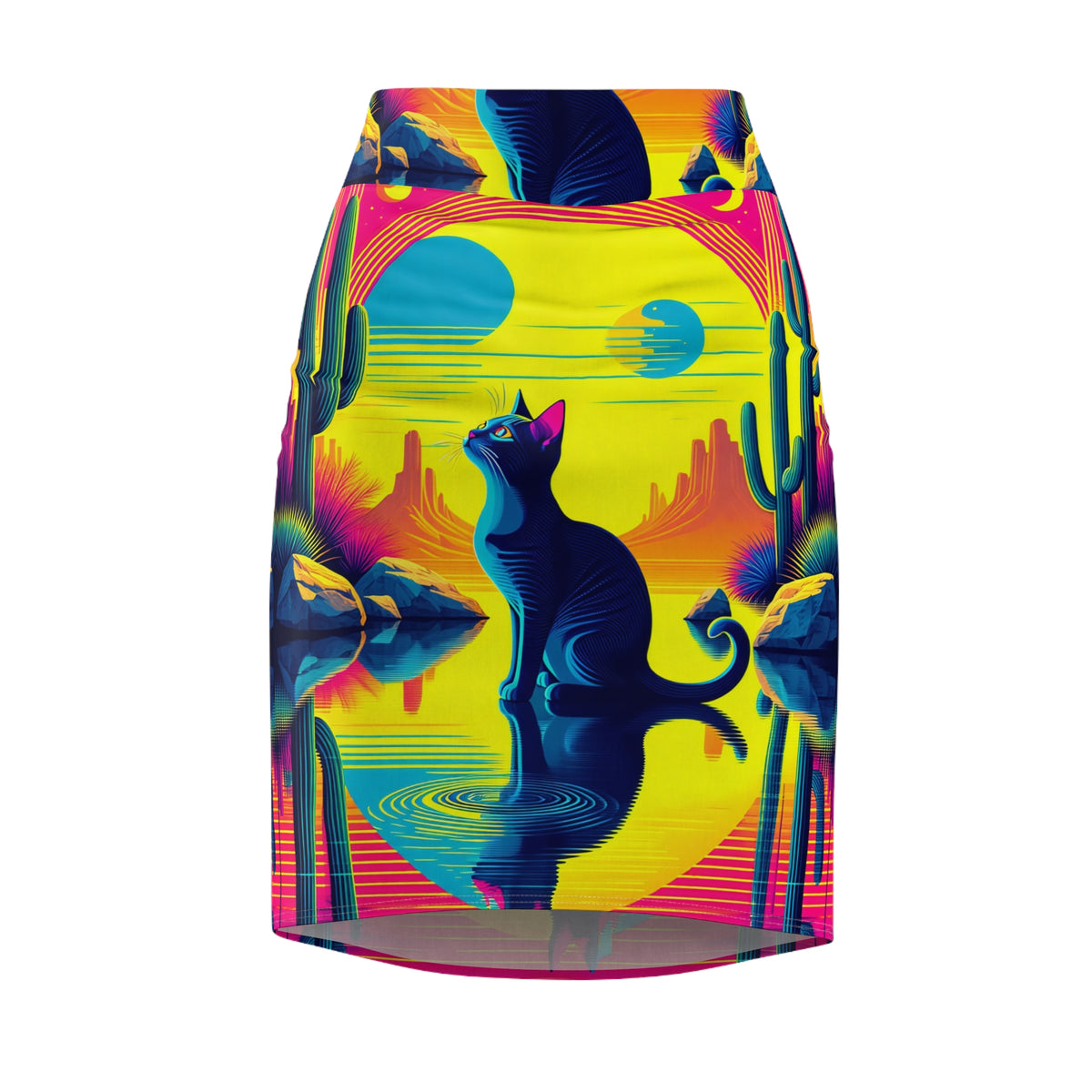 Black Cat Desert Sunset Womens Pencil Skirt Colorful Cactus Print