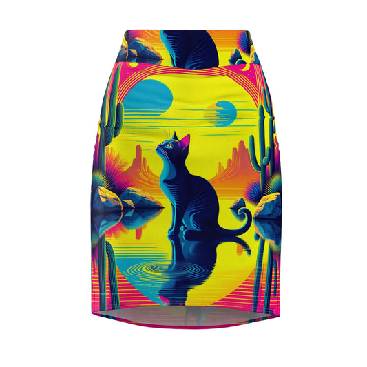 Black Cat Desert Sunset Womens Pencil Skirt Colorful Cactus Print