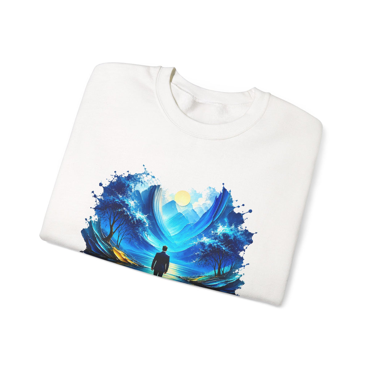 Blue Dreamscape Wanderer Crewneck Sweatshirt Man Walking on Water Toward the Sun Paint Splash Art