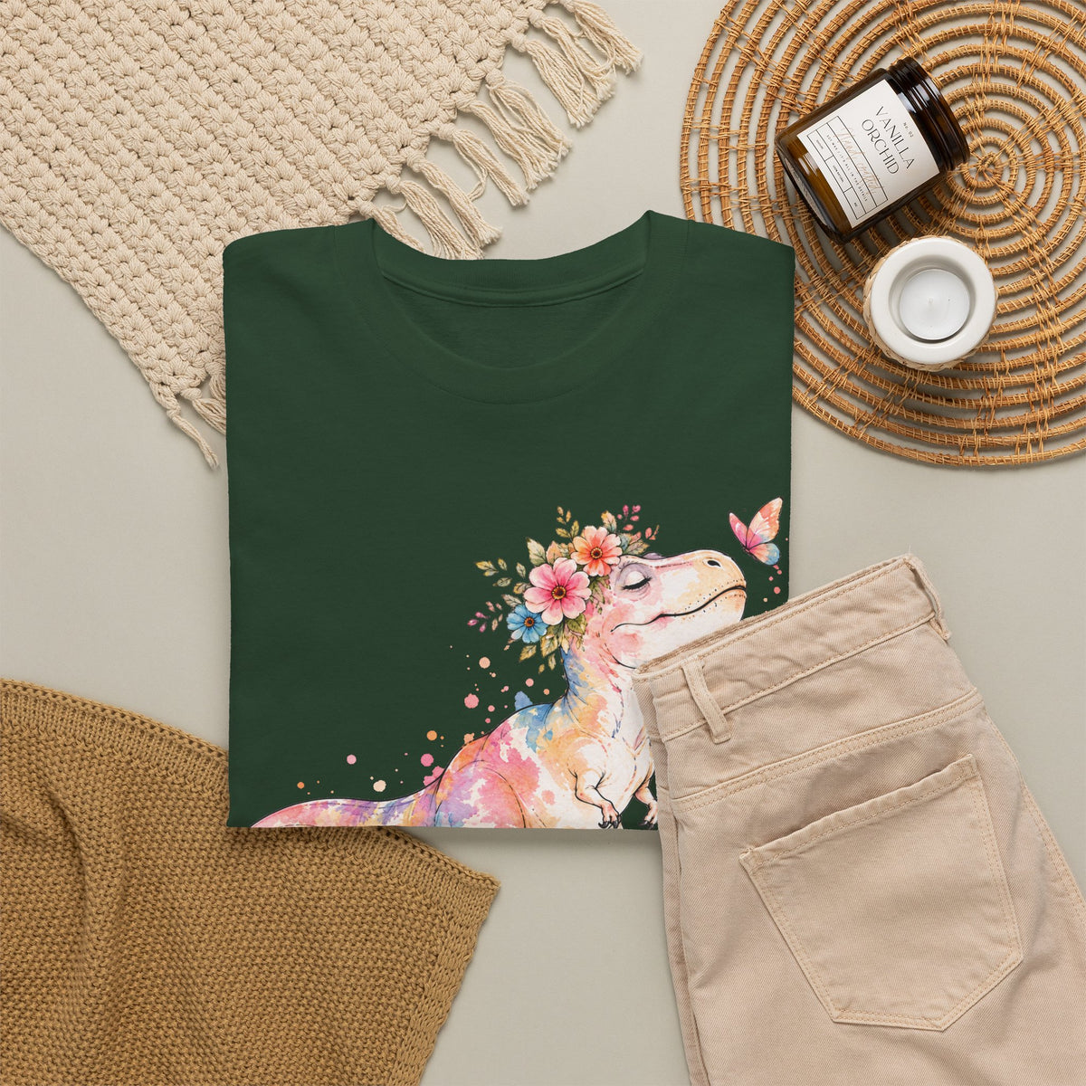 Watercolor T-Rex T-Shirt, Pastel Dinosaur Flower Crown Butterfly Graphic Tee Unisex Cute Dino Shirt