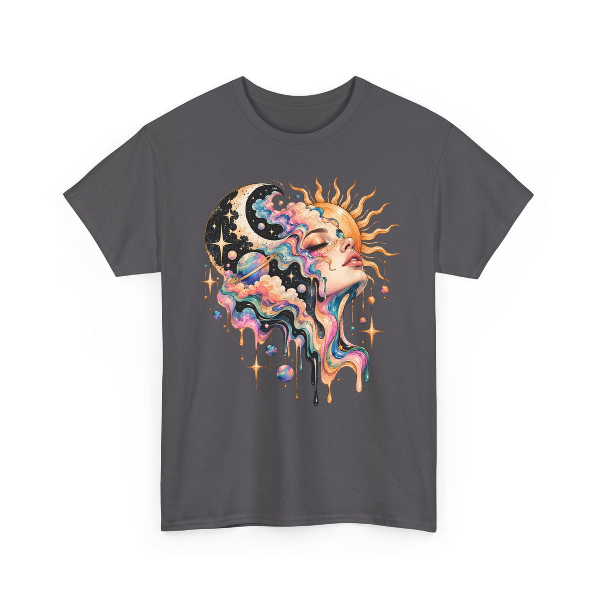 Celestial Sun and Moon Woman T-Shirt, Pastel Cloud Hair Melting Drip Planets Stars Graphic Tee Unisex