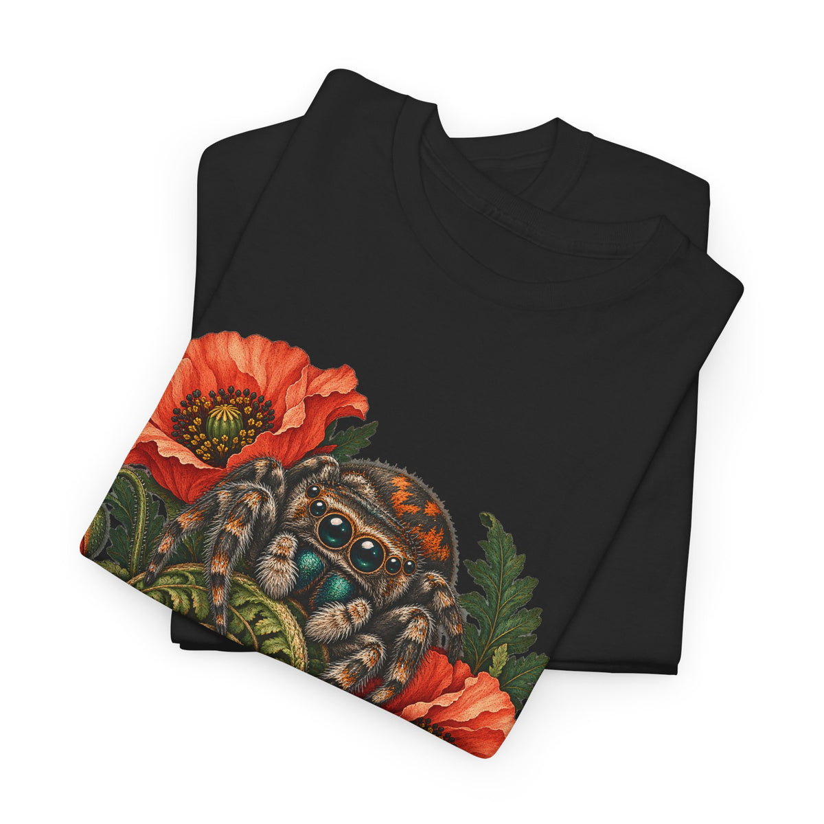 Jumping Spider Poppy Fern T-Shirt Botanical Arachnid Floral Tee