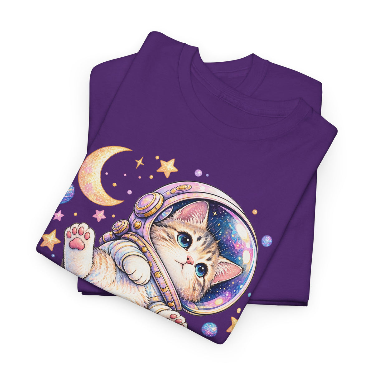 Astronaut Kitten T-Shirt, Cute Pastel Space Cat Helmet Moon Planets Stars Graphic Tee Unisex