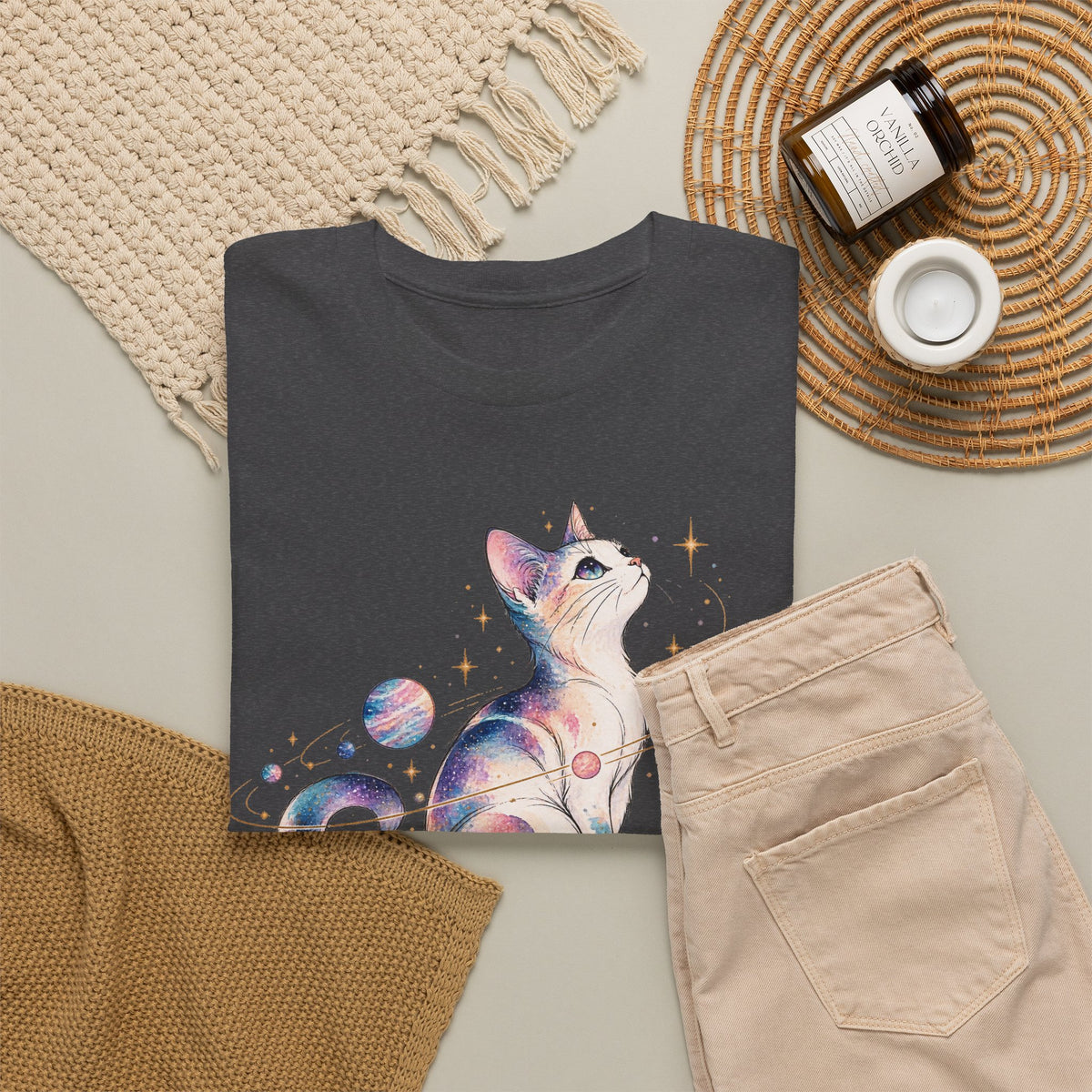 Cosmic Galaxy Cat T-Shirt, Pastel Watercolor Cat Planets Gold Stars Celestial Graphic Tee Unisex