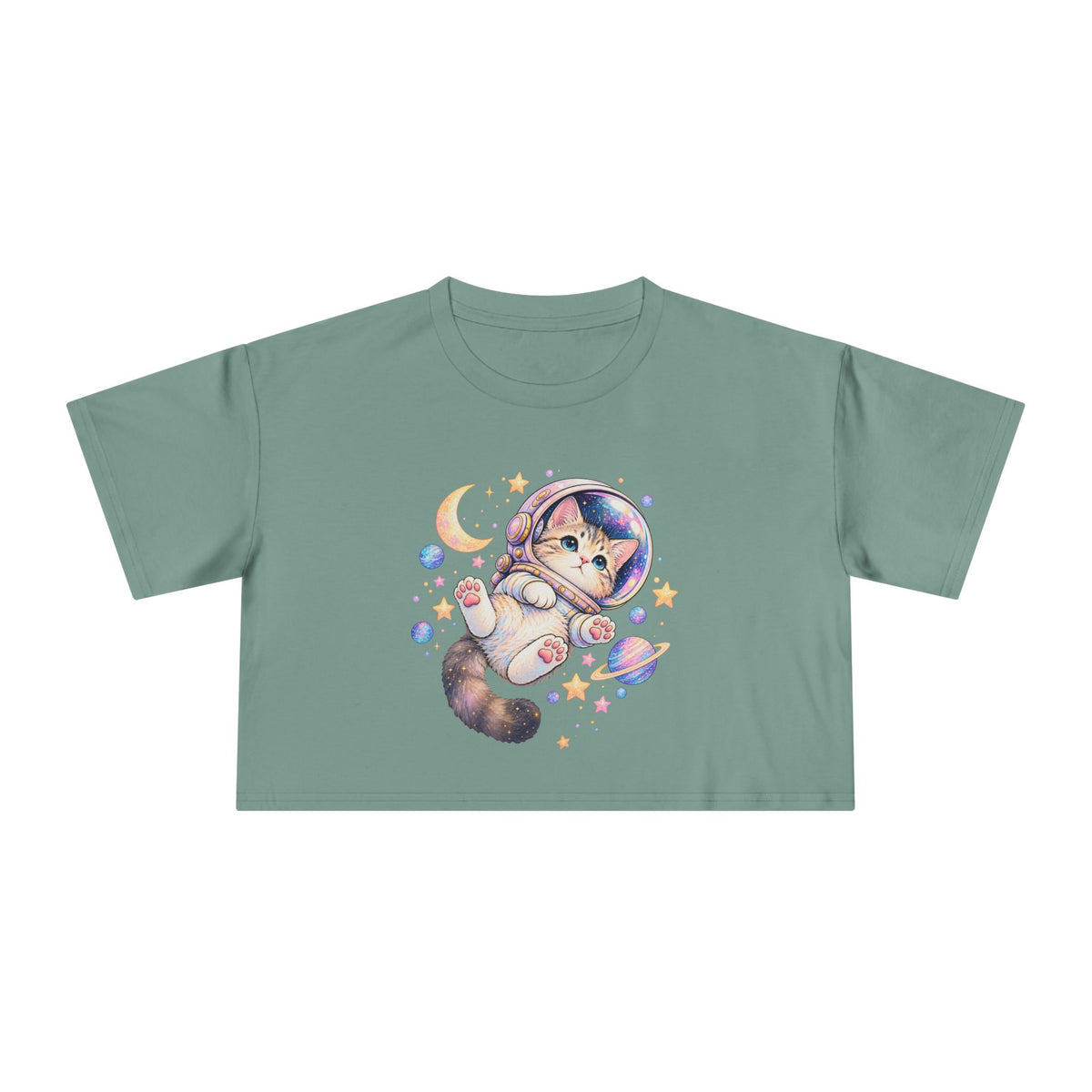 Astronaut Kitten Crop Tee, Cute Pastel Space Cat Helmet Moon Planets Stars Kawaii Women's Cropped T-Shirt