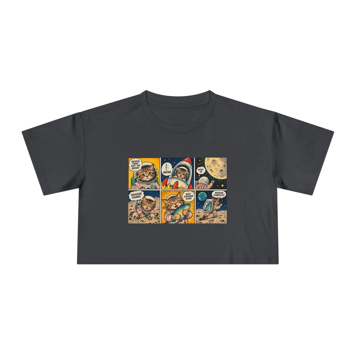 Astronaut Cat Comic Crop Tee, Space Cat Moon Mission Fish Funny Comic Strip Women's Cropped T-Shirt