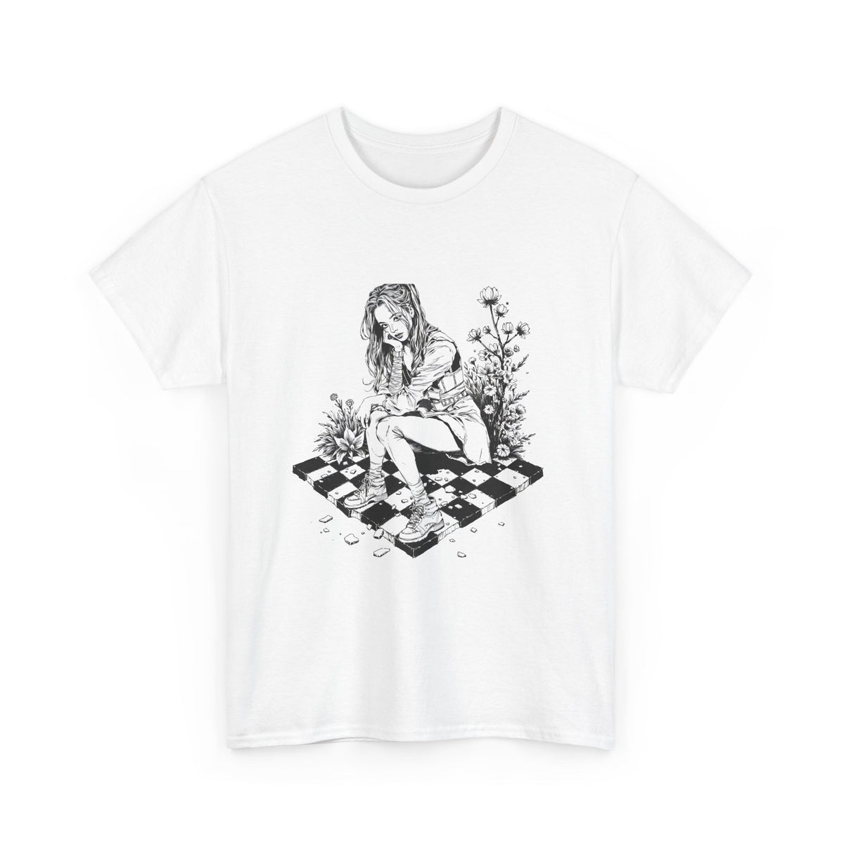 Gothic Girl Line Art Sketch Graphic Tee Unisex Heavy Cotton T-Shirt