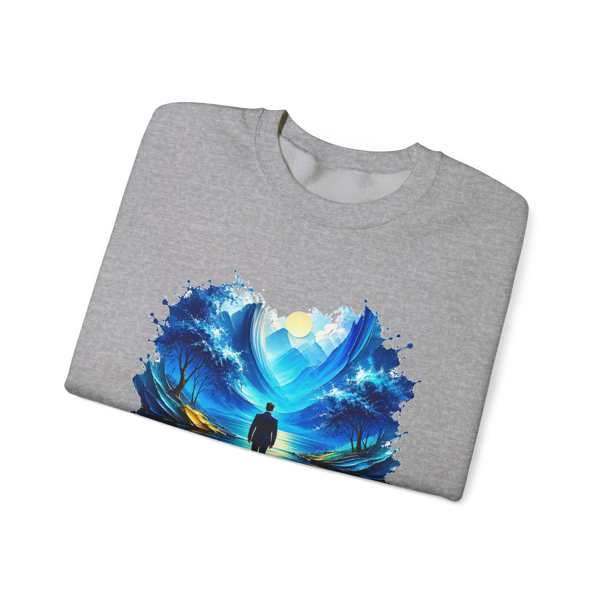 Blue Dreamscape Wanderer Crewneck Sweatshirt Man Walking on Water Toward the Sun Paint Splash Art