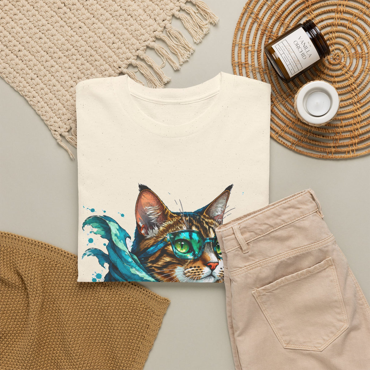 Tabby Cat in Glasses and Scarf T-Shirt Cool Hipster Cat Teal Splash Art