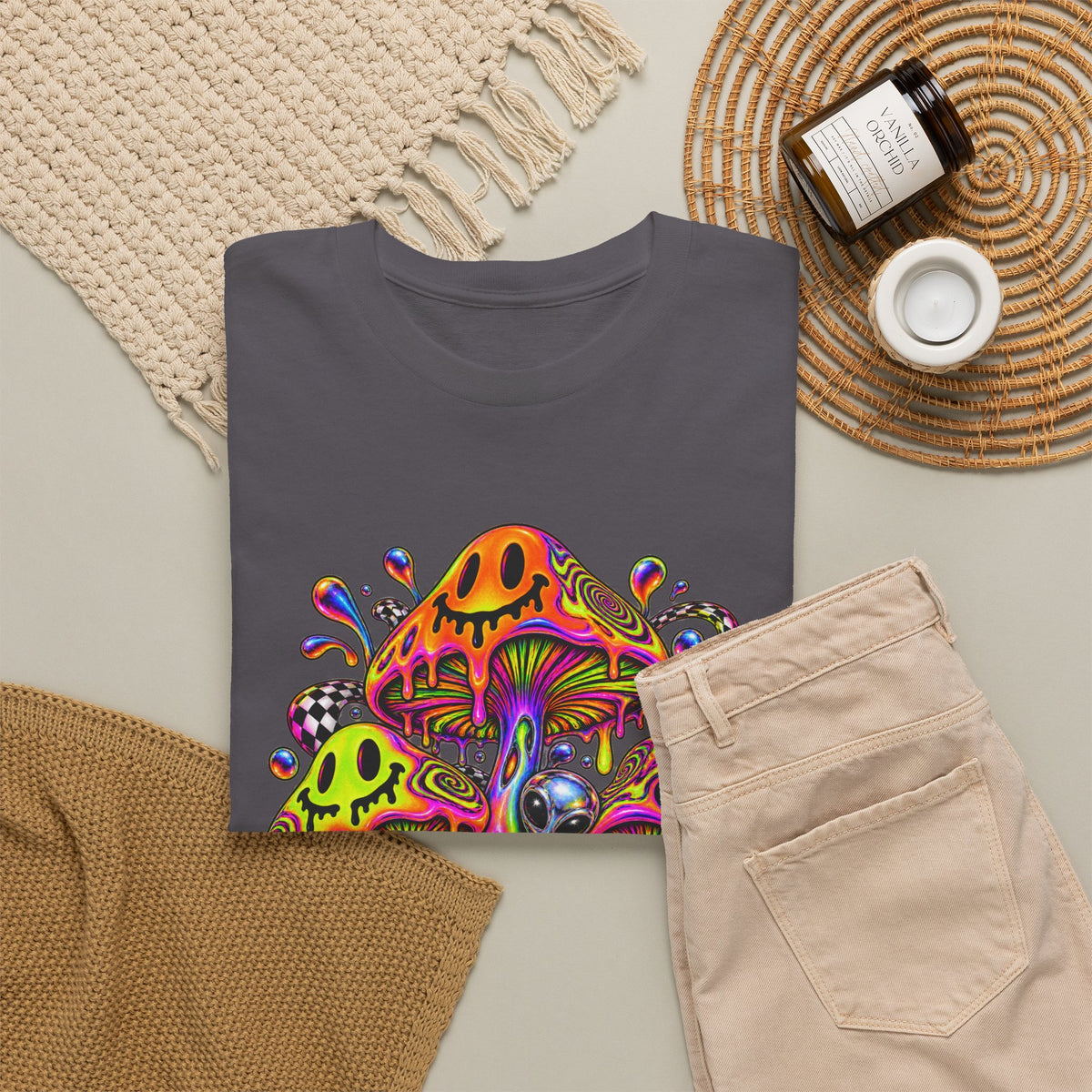 Neon Smiley Mushrooms T-Shirt Acid Alien Trippy Psychedelic Tee