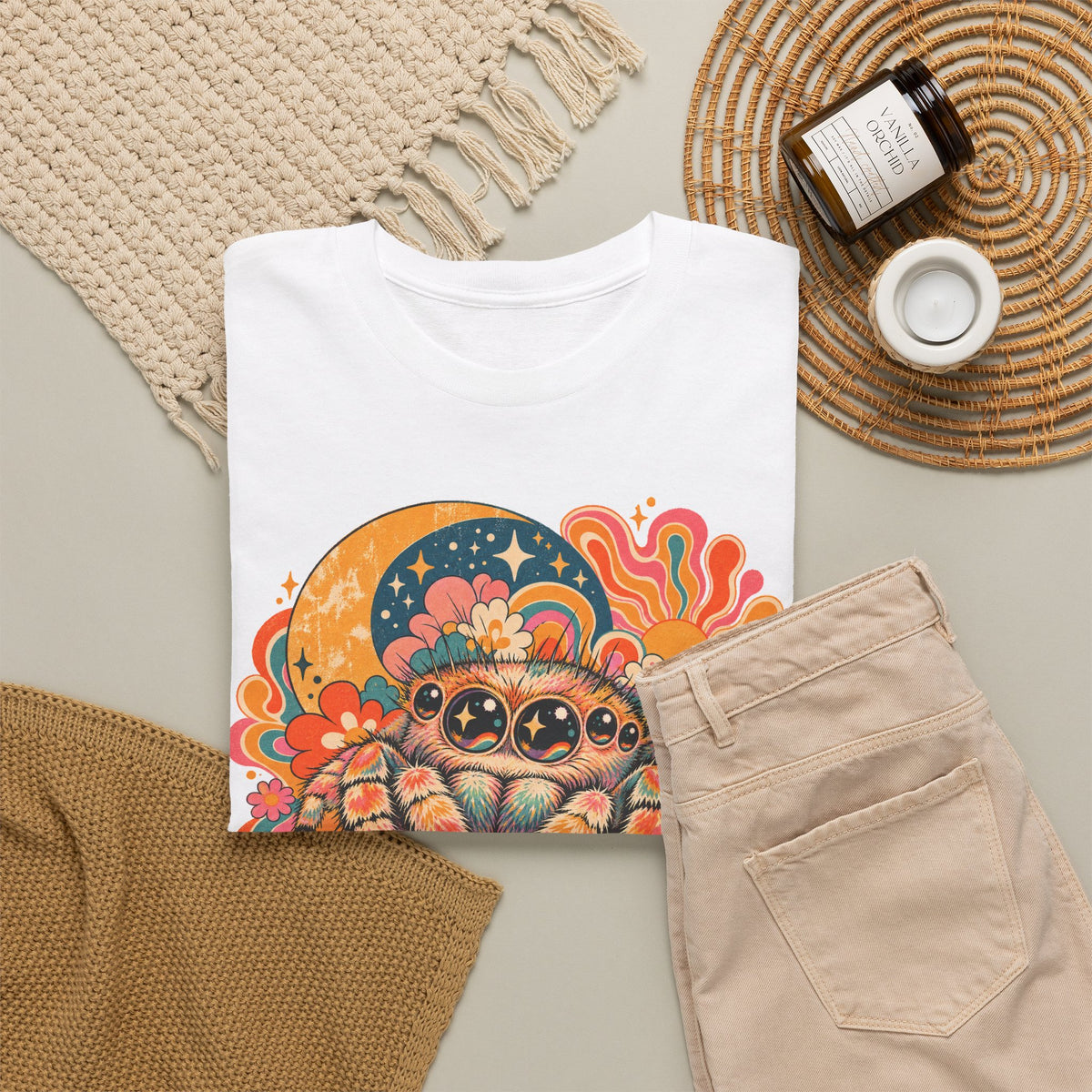 Groovy Jumping Spider T-Shirt Retro 70s Flowers Creepy Cute Tee